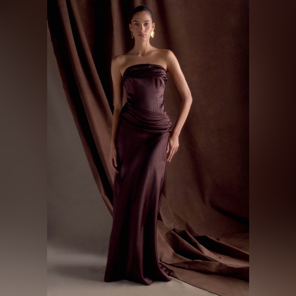 Meshki Dresses & Skirts - MESHKI Jasmine Strapless Satin Maxi Dress - Chocolate Brown